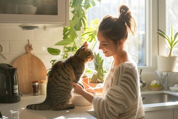 a young caucasian woman taking care of, feeding and playing with his pet cat indoors in a kitchen