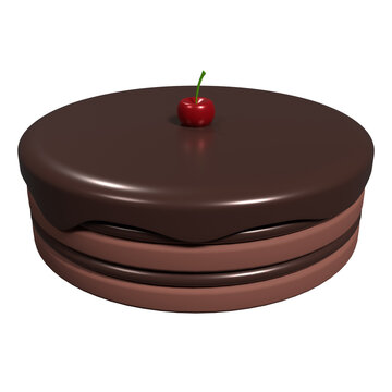 Chocolate cake with cherry. Chocolate cake 3d icon. Chocolate cake with dripping melted. 3D rendering illustration