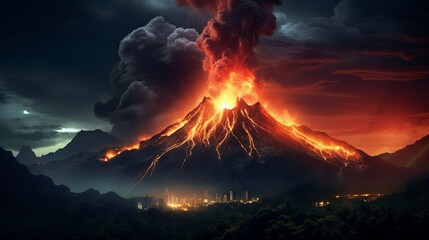A powerful volcanic eruption at night