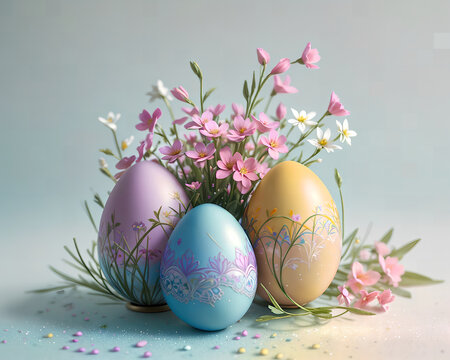 Easter colored eggs with designs and flowers on a blue background.