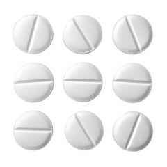Set of white round pills on white or transparent background