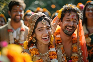 An ecstatic Indian couple during a traditional wedding, laughing together. Ai generative