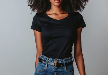 A Young African female in black t shirt and jeans mockup against a clean backdrop with space for text or product, Generative AI.