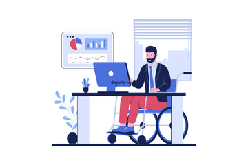 Disabled man working in the office using a wheelchair. Vector data illustration