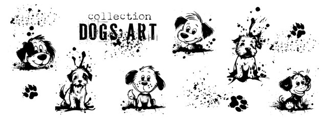 Cute dogs art in different poses. Pets silhouettes, various dogs, shown sitting and lying down. Vector collection of drawn dogs with lots of details and artistic spots.