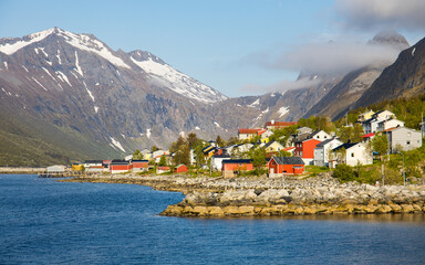 Beautiful norwegian fishing village in Grillefjord in Senja, Norway. Dramatic landscape view.