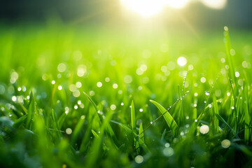 Close-up view of dew drops on grass blades