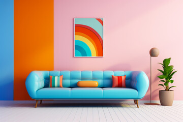 living room with a blue couch and a rainbow painting on the wall