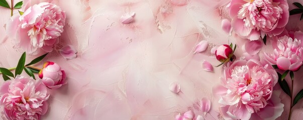 Background with pink peony flowers, floral frame with copyspace for your text. Spring concept, pink colored.