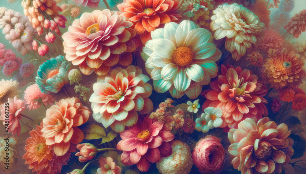 Poster ethereal floral display with pastel tones and a hint of vintage style on light background. generativ