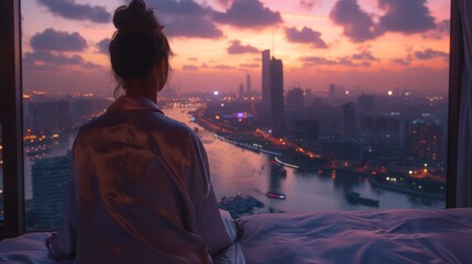 Serene Cityscape View from a High-Rise as a Woman Contemplates the Urban Twilight from Her Window - obrazy, fototapety, plakaty