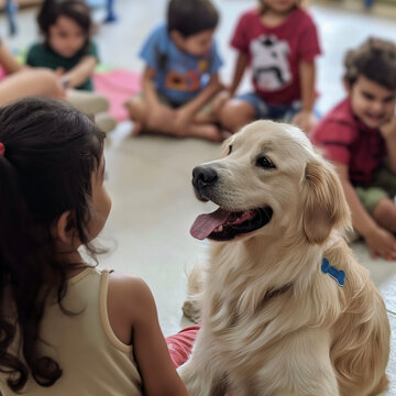Dog therapy, integration of children with a dog, support for child development, photo of a dog among preschoolers