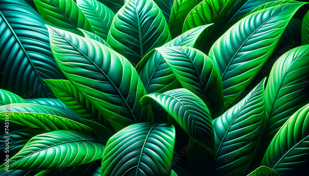 Aufkleber Vivid green leaves pattern with a soft glow on dark background. Nature and serenity concept. Generative AI