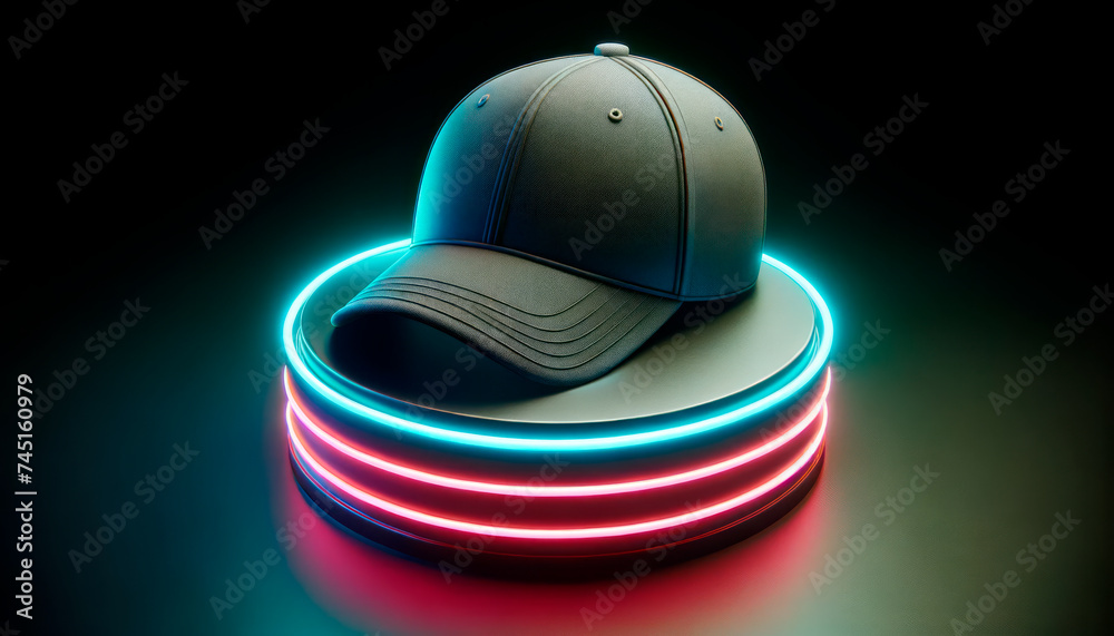 Wall mural Futuristic cap design highlighted with neon lighting on a dark, atmospheric background. Modern fashion. Generative AI