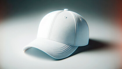 Single white baseball cap with a smooth finish on a blurred gradient background. Product photography. Generative AI