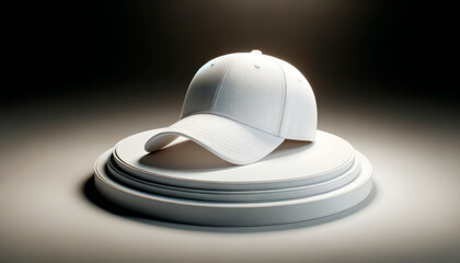 Single white baseball cap on a layered circular pedestal, minimalist design. Generative AI