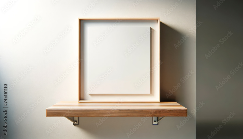 Poster minimalist wooden shelf with framed mockup in soft daylight. interior design concept. generative ai