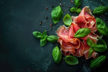 Sliced cured prosciutto with basil leaves on a rustic. Ai generative - obrazy, fototapety, plakaty