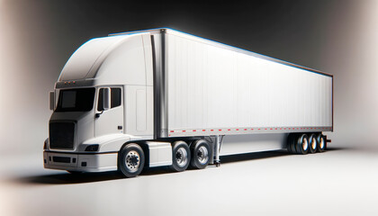3D mockup of a semi-truck with a white trailer illuminated by ambient lights. Transport concept. Generative AI