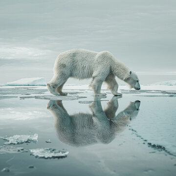 fotografia con detalle de oso polar sobre placa de hielo y agua