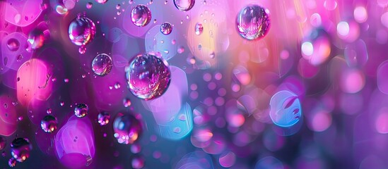 Numerous water droplets are seen clustered on a window, creating a textured and patterned surface. The droplets vary in size and shape, reflecting light and distorting the view through the glass. - obrazy, fototapety, plakaty