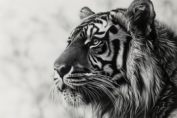 Pencil Drawing of a Tiger Isolated on White Background. Monochrome Tiger Illustration