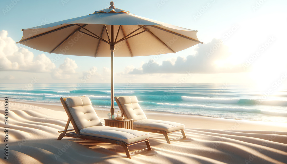 Poster sunrise beach view with elegant loungers and large umbrella, peaceful ocean. leisure and relaxation 