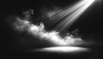 Dramatic smoke illuminated by beams of light on dark stage. Suspense and focus concept. Generative AI - 745161558