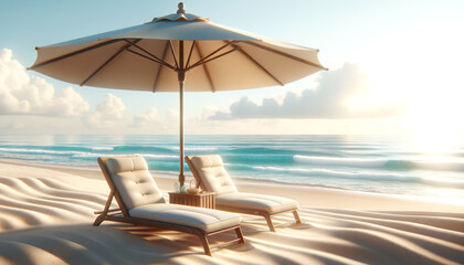 Obraz premium Sunrise beach view with elegant loungers and large umbrella, peaceful ocean. Leisure and relaxation concept Generative AI