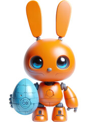 3D character Robot orange bunny holding Sci-fi green easter egg isolated illustration