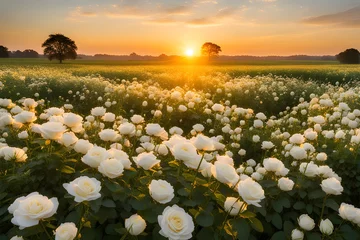 Zelfklevend Fotobehang The landscape of white rose blooms in a field © RORON