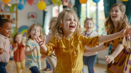 Toddlers Dancing Happily Together at Nursery School