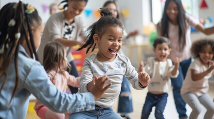 Toddlers Dancing Happily Together at Nursery School - obrazy, fototapety, plakaty