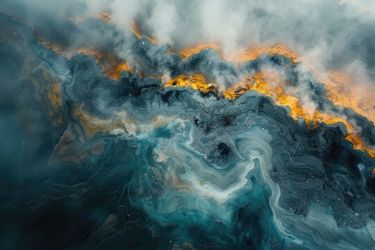 Sulfur mining from above, surrounded by smoke. Ai generative