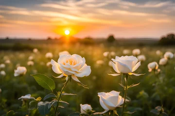 Keuken spatwand met foto The landscape of white rose blooms in a field © RORON