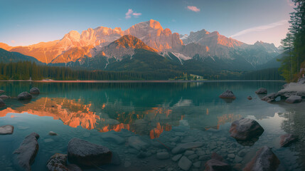 Serene Dawn at Eibsee Lake with Zugspitze Mountain Reflections.