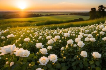 The landscape of white rose blooms in a field