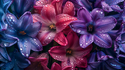 close-ups of individual Hyacinth blooms adorned with dew drops. 