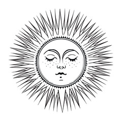 Mystical sun with face with closed eyes and rays, celestial astrology logo, boho tattoo for zodiac, tarot. Magic hand drawn vector illustration isolated on white background. 