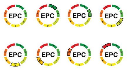 Set of symbols and icons of EPC Class A, B, C, D, E, F, and G for green building and energy performance certificate classification