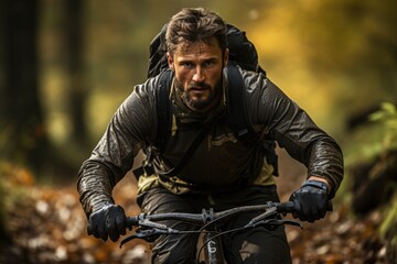Obraz premium a bicycle rider riding a bike through forest in ray of light