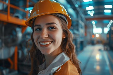 a photo of a female engineer standing near gas pipes, 