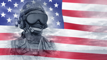 Army soldier with US flag. Soldier from United States of America. Male soldier in helmet and...