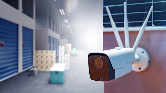 Security camera in warehouse. CCTV with WiFi antennas. Storage space with security camera. Building with storage units. CCTV provides security in warehouse. Storage company equipped with videcam