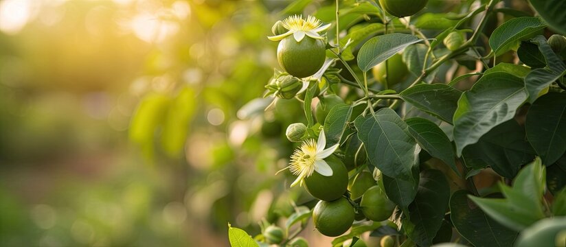 A close-up view of a lush passion fruit tree in a summer orchard, showcasing a cluster of passion fruit flowers and fruity green passion fruit dangling from the branches.