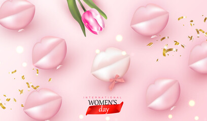 Happy women's day banner vector background. Illustration with lips balloons and tulip. Feminine power holiday design.	
