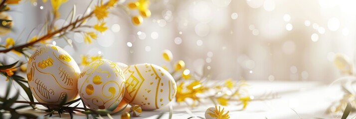 banner with Easter white eggs with golden patterns on a light purple blurred background