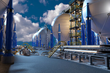 Exterior of factory on summer evening. Plant with spherical high pressure tanks. Oil or gas storage. Factory with tanks and pipeline. Storage of cryogenic liquids. BPVC, ASME. 3d image - obrazy, fototapety, plakaty