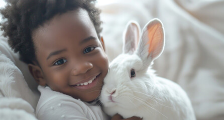 A smiling African American boy in yellow clothes holds a white Easter bunny against a blurred background of the room. friendship of a child and a pet. Close-up.
