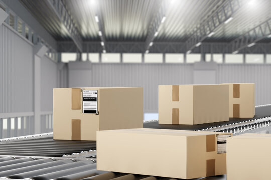 Production line with boxes. Boxes on carpet. Automated process of packaging goods. Production line inside warehouse. Factory with conveyor. Industrial enterprise operates without people. 3d image